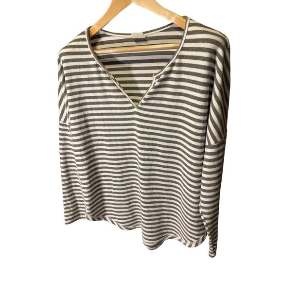 SIMPLE Suzanne Betro Dark Gray White Horizontal Stripe Round Hem V Neck Top - Picture 3 of 9